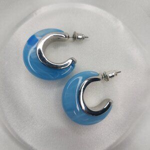 Sky Blue Tortoiseshell Earrings Huggie Hoop Silver Trim